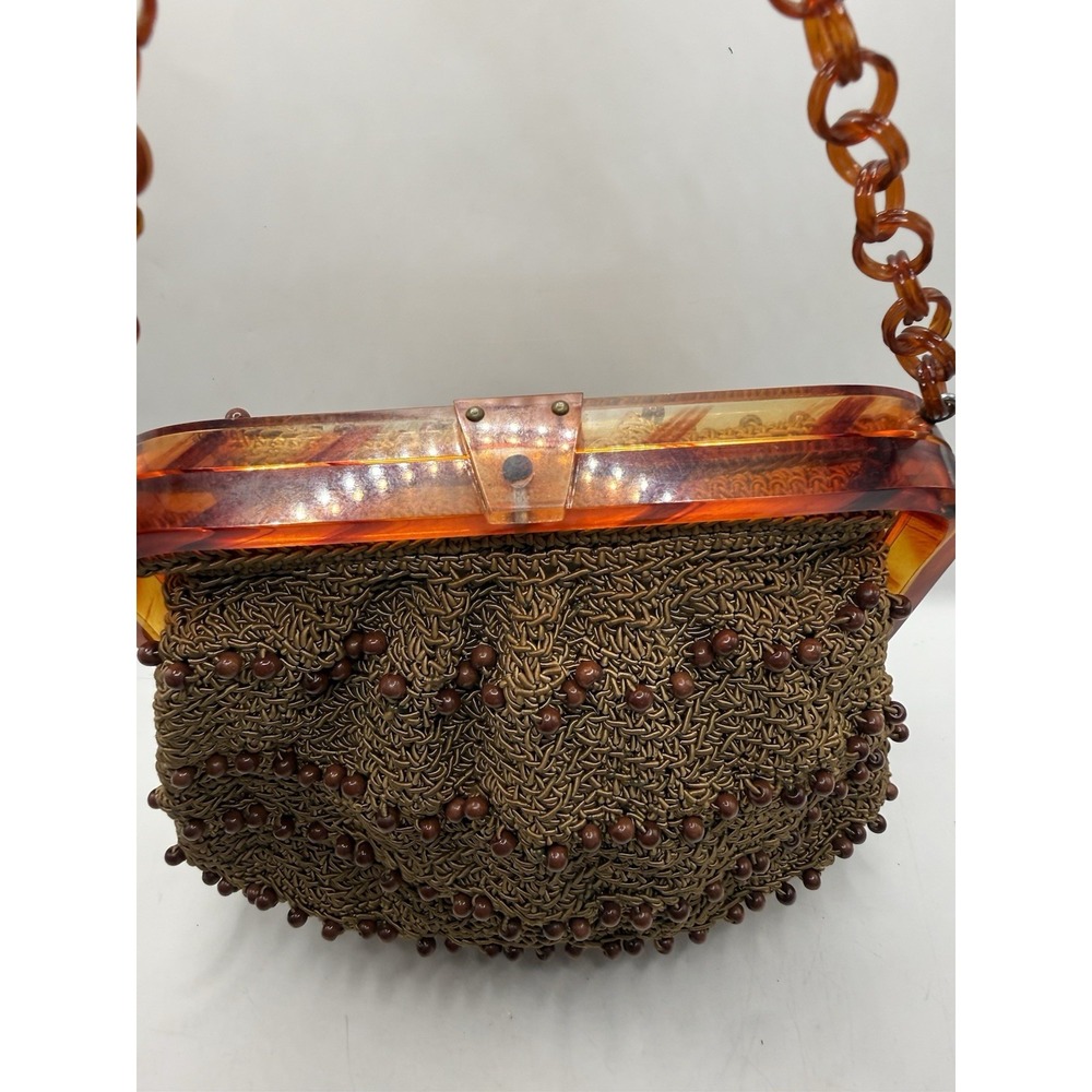 Vtg Oval Box Purse Beaded Handbag With Tortoise Lucite/Bakelite? Early Plastic - Picture 3 of 10